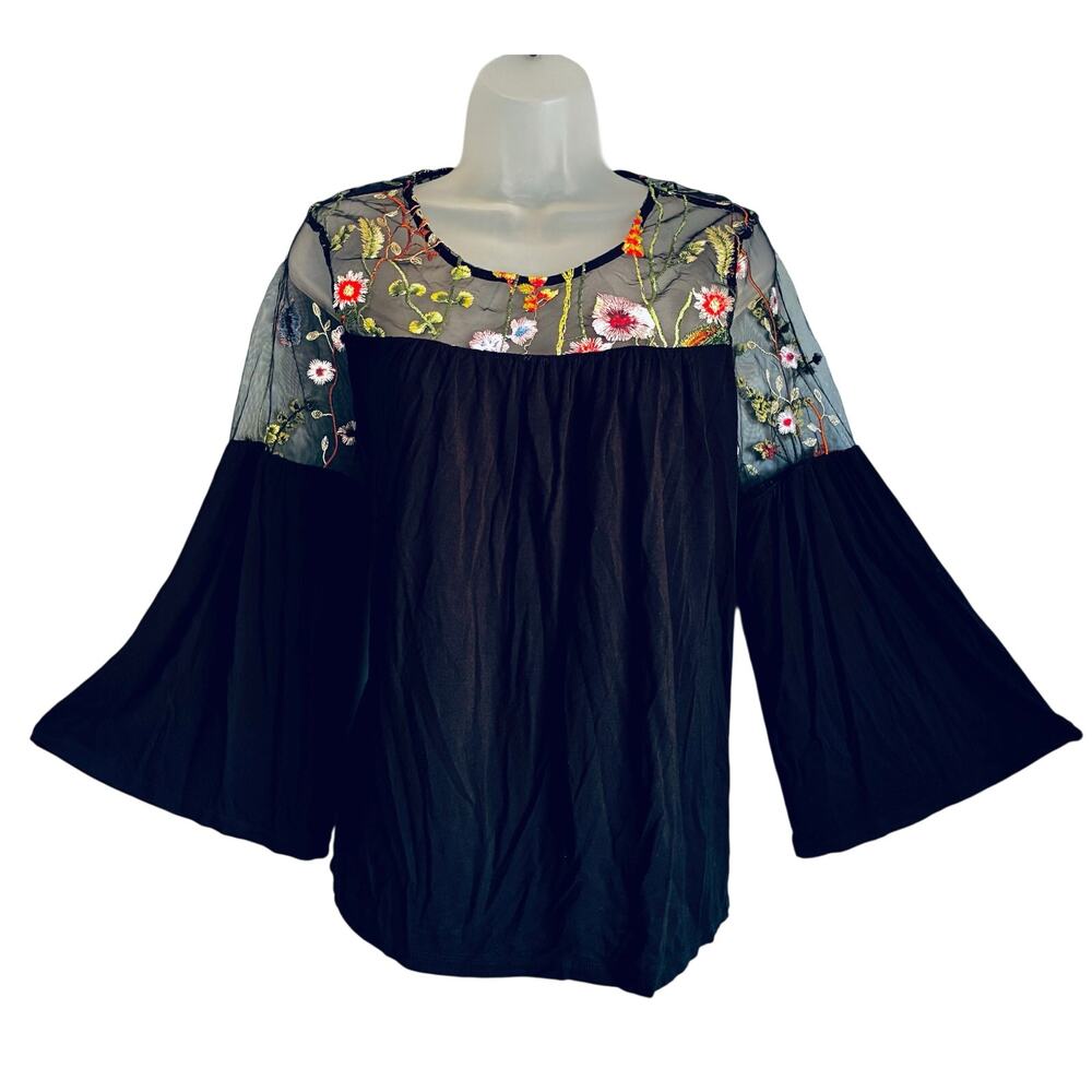 Liz Claiborne Career Embroidered Floral Semi Sheer Blouse Large Black